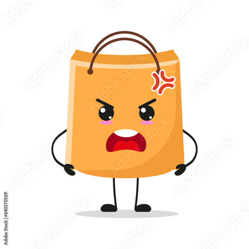 Cute angry shopping bag character. Funny mad paper bag cartoon emoticon in flat style. bag emoji vector illustration