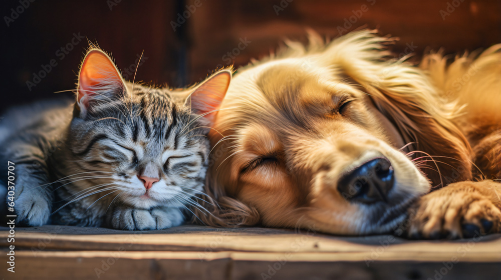 cute cat and dog sleep together and
share their sleeping place and cuddle together cute cat and dog sleep together and
share their sleeping place and cuddle together