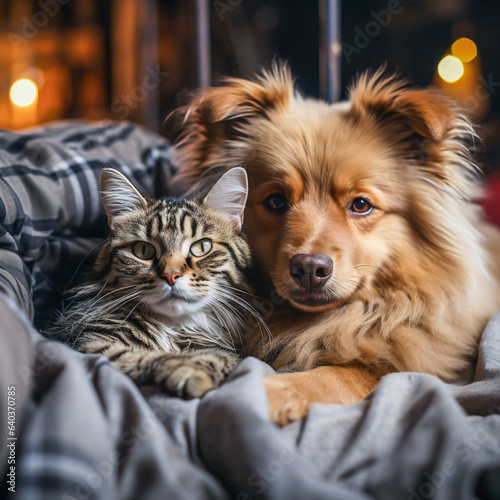 cute cat and dog sleep together and share their sleeping place and cuddle together