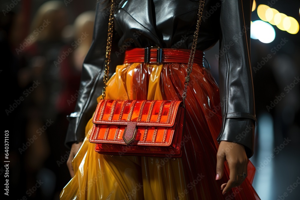 Models present creations on the runway during a Fashion Week show. Red purse.