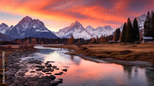 Beautiful landscape with high river and red sunlight in sunrise. Created with Generative AI