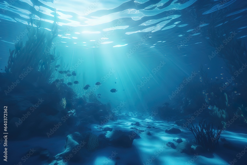 Underwater sea in blue sunlight. Based on Generative AI