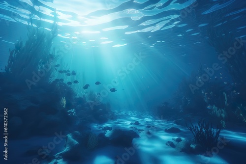 Underwater sea in blue sunlight. Based on Generative AI © Create image