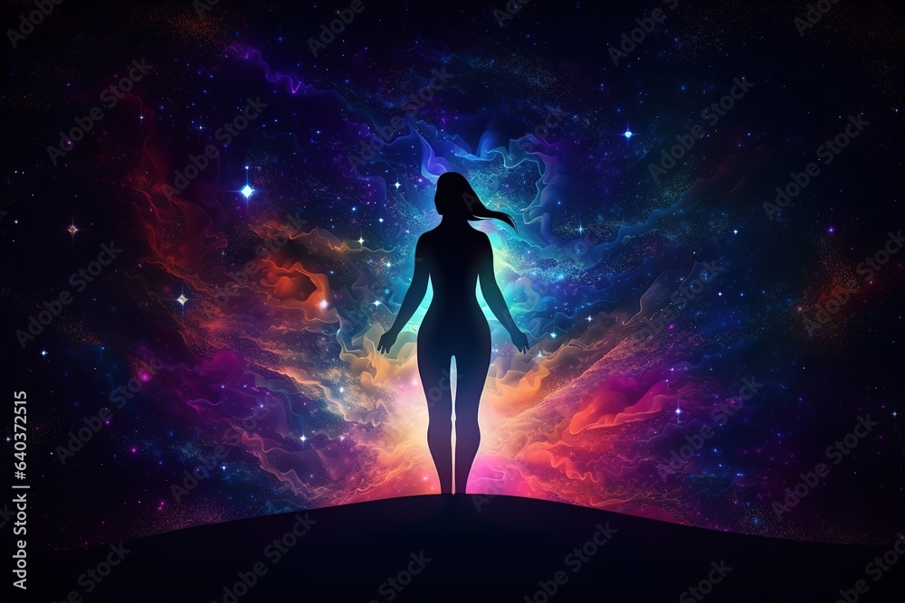 universe meta human goddess spirit silhouette on galaxy space background. Generative AI