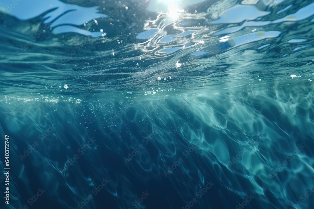 Fototapeta premium Underwater sea in blue sunlight. Based on Generative AI