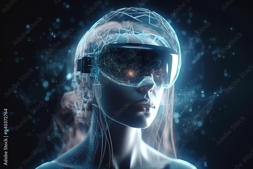 Exploring the Metaverse: VR Headset in a Futuristic Virtual World with Double Exposure. Generative AI Exploring the Metaverse: VR Headset in a Futuristic Virtual World with Double Exposure. Generative AI