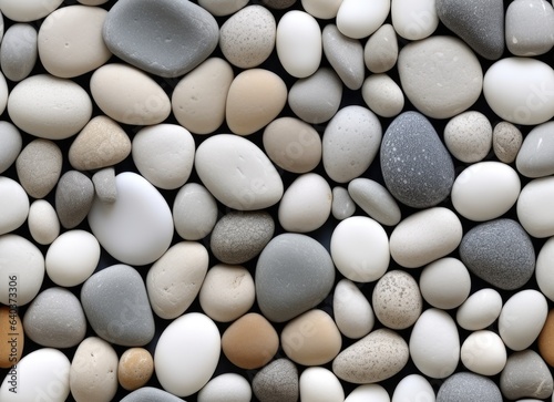 A backdrop showcasing the inherent elegance of river rock pebbles, meticulously smoothed by nature's touch. This pattern exudes a sense of organic refinement. SEAMLESS PATTERN. SEAMLESS WALLPAPER.