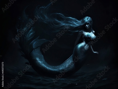 A background of blue ocean waters has a gorgeous mermaid with flowing hair and a beautiful tail
