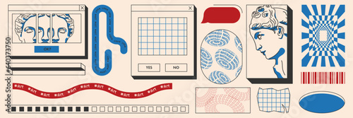 Set in trendy style. Statues and different geometric shapes, frame, cyberpunk elements.