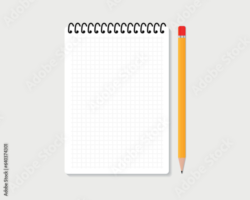 Top view of empty blank blank checkered notebook with pencil on stylish gray or white background. notebook on desk. isolated notebook with pencil on desktop. vector illustration