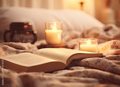 A glass bottle of home perfume stands adorned with wooden sticks, emanating a soothing fragrance. Scented candles emit their gentle glow, while an open paper book rests nearby.