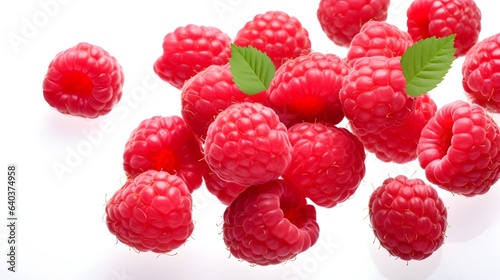 Raspberries flying in the air, selective focus, white background