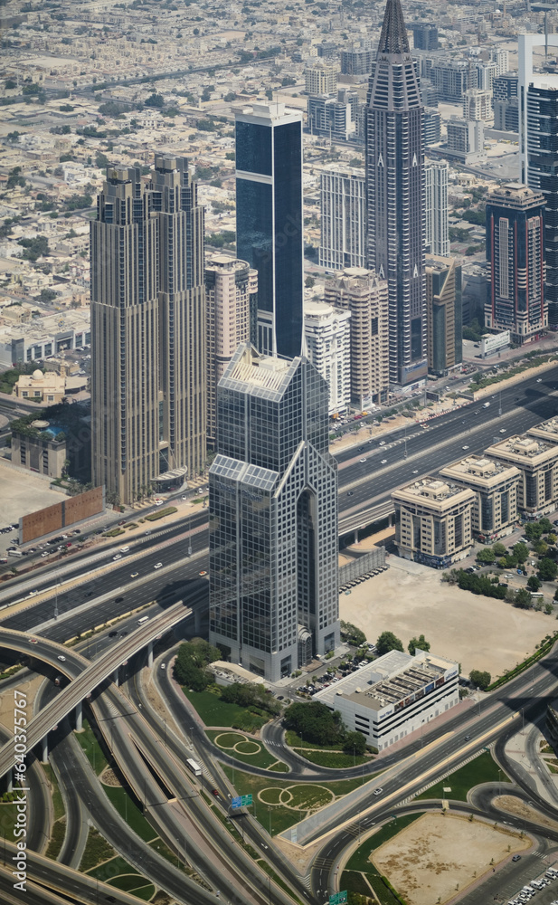 Sheikh Ramp Looking down at Sheikh Zayed Road in Dubai, towering skyscrapers loom ...