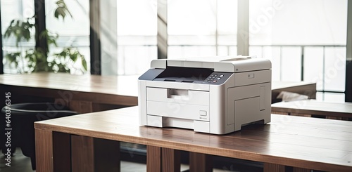 An office workspace features a versatile printer, copier, scanner, embodying a multi-functional photocopier machine. This essential equipment is adept at scanning documents. photo