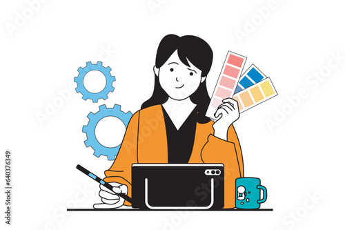 App development concept with people scene in flat web design. Woman designing content, selecting colors palette for wireframe mockup. Vector illustration for social media banner, marketing material.