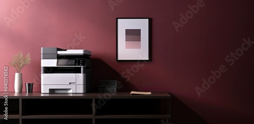 An office workspace features a versatile printer, copier, scanner, embodying a multi-functional photocopier machine. This essential equipment is adept at scanning documents.