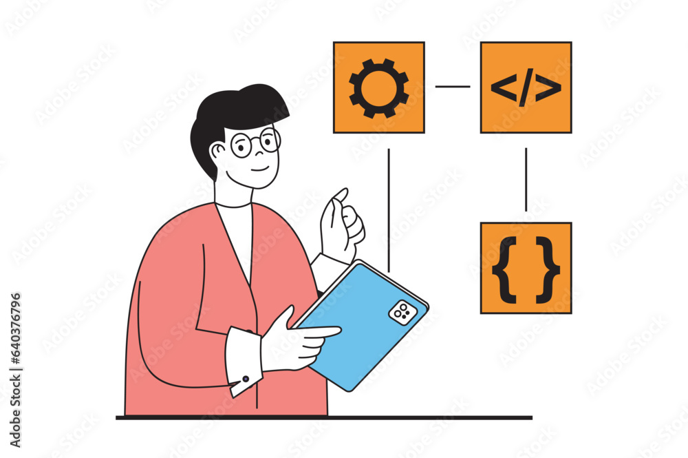 App development concept with people scene in flat web design. Man creating work process algorithm with programming and optimization. Vector illustration for social media banner, marketing material. App development concept with people scene in flat web design. Man creating work process algorithm with programming and optimization. Vector illustration for social media banner, marketing material.