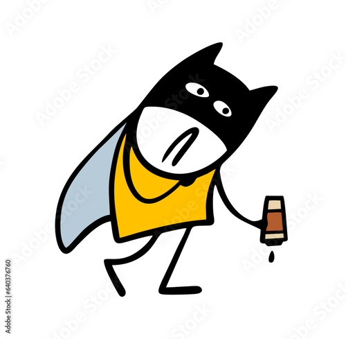Sad stickman superhero in a raincoat and mask wanders with empty cup of coffee. Vector illustration character from a comic book does not have the energy for a feat and salvation.