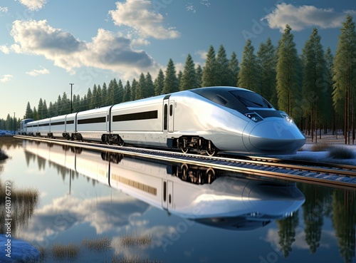 A high-speed passenger train of Class X effortlessly races along the railway, cutting through the landscape with a sense of dynamic motion. The surrounding scenery unfolds in a blur as the train zips