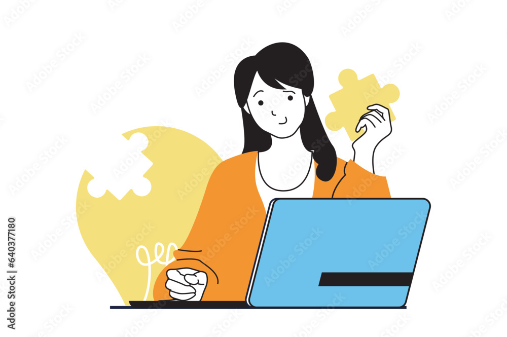 Brainstorming concept with people scene in flat web design. Woman work at laptop and finding solutions for business and puzzle solving. Vector illustration for social media banner, marketing material. Brainstorming concept with people scene in flat web design. Woman work at laptop and finding solutions for business and puzzle solving. Vector illustration for social media banner, marketing material.