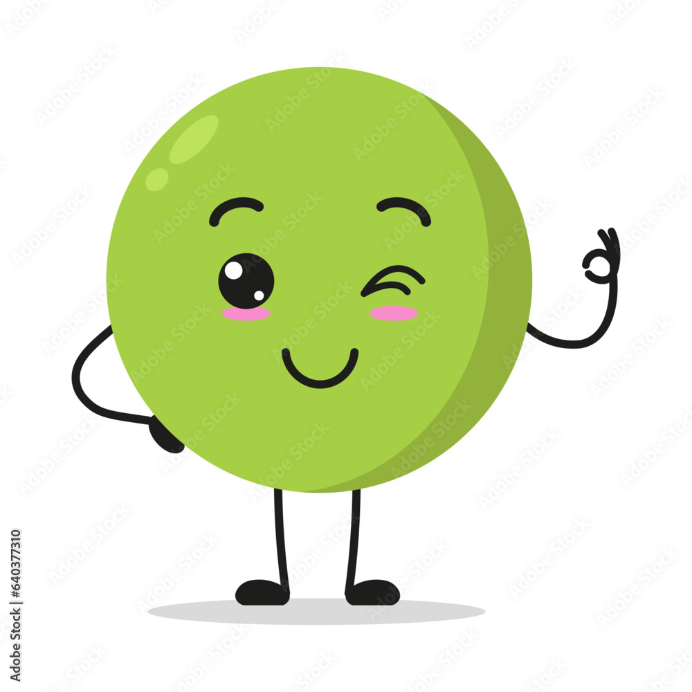 Cute peas character. Funny smiling and wink vegetable cartoon emoticon