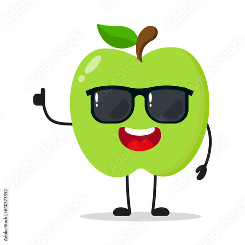Cute happy green apple character wear sunglasses. Funny fruit greet friend cartoon emoticon in flat style. apple emoji vector illustration
