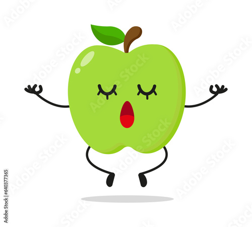 Cute relax green apple character. Funny yoga fruit cartoon emoticon in flat style. apple emoji meditation vector illustration