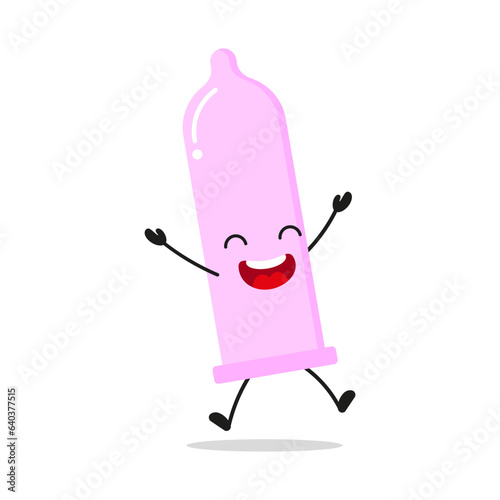 Cute happy condom character. Funny victory jump celebration contraceptive cartoon emoticon in flat style. protection emoji vector illustration