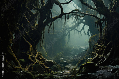 Mystical Dark Forest With Gnarled Trees and Fog