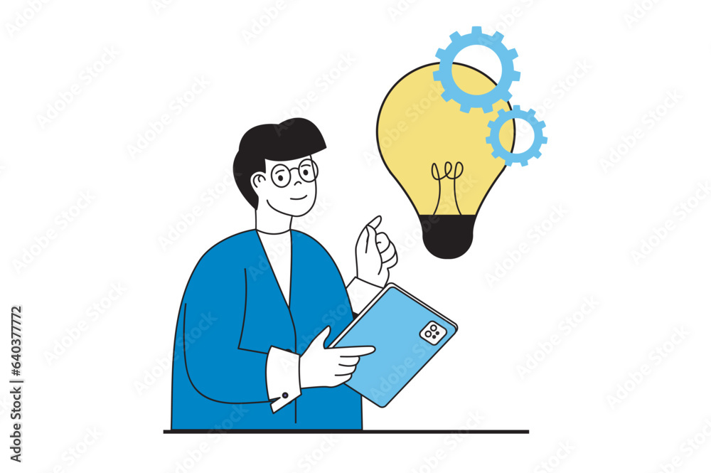 Brainstorming concept with people scene in flat web design. Man generates creative ideas for optimization work process and improvement. Vector illustration for social media banner, marketing material. Brainstorming concept with people scene in flat web design. Man generates creative ideas for optimization work process and improvement. Vector illustration for social media banner, marketing material.