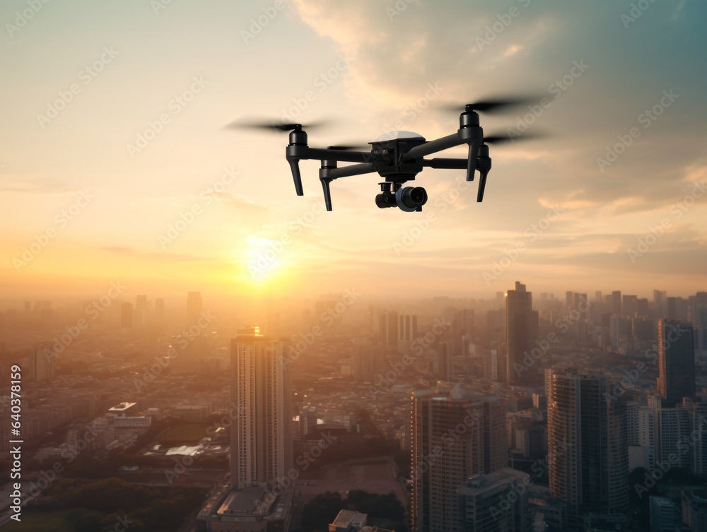 A drone flying above a modern city skyline at sunset. A drone flying above a modern city skyline at sunset.