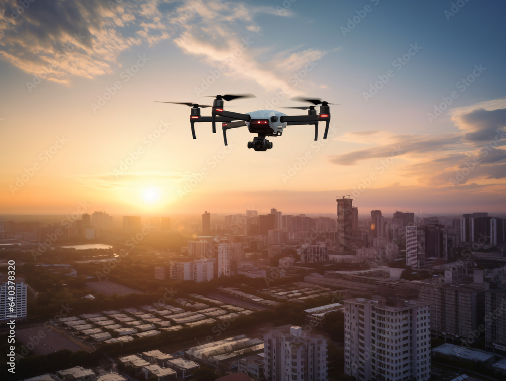 A drone flying above a modern city skyline at sunset.