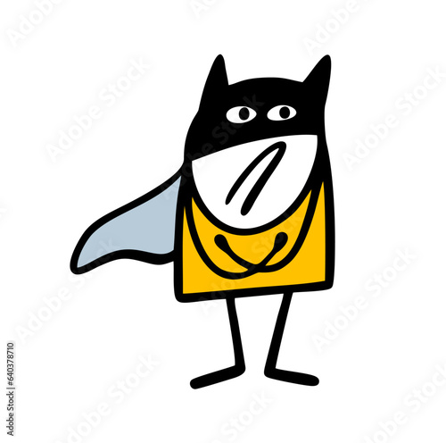 Disgruntled comic book superhero in a black mask and cape does not want to save the world. Vector cartoon illustration of a proud stickman egoist.