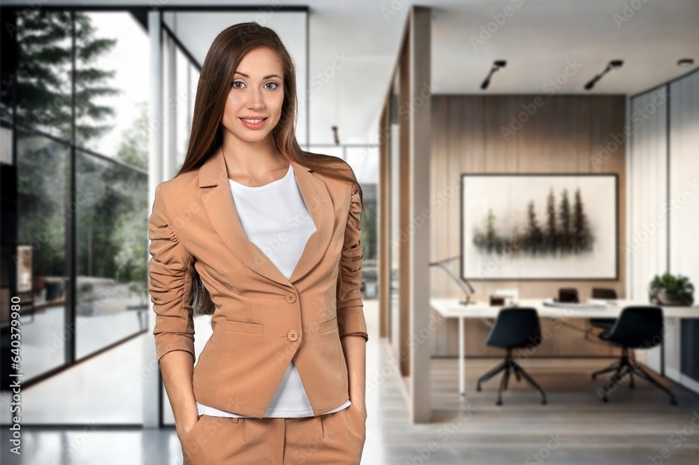 Confident young business woman working in the office, AI generated image