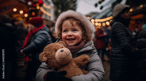 A girl toddler smiling and holding a brown teddy bear at a christmas market in the city, christmas, winter, happy holidays