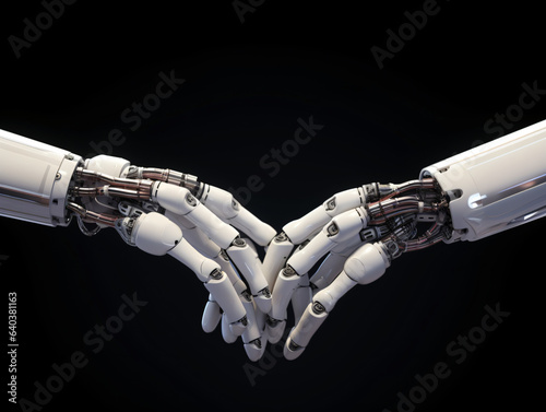 A robot hand shaking hands with a human hand, symbolizing collaboration.