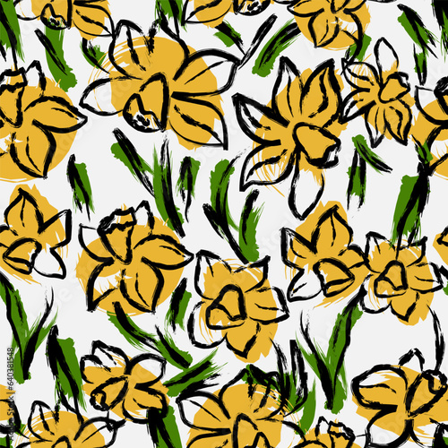 Abstract fantasy floral pattern of daffodils, careless strokes of paint and color blots. Vector seamless pattern