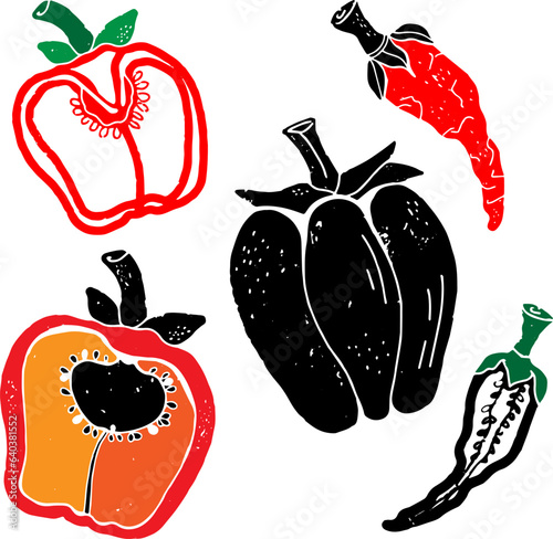 Sweet pepper and chili. Texture graphic elements. Vector set, collection.