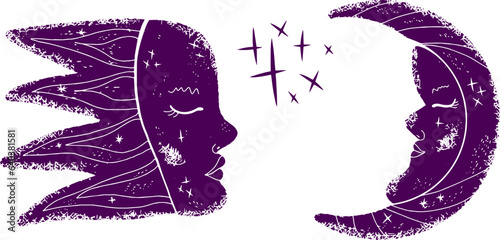 Comet and crescent, fantasy creatures with face in linocut style. Vector set.