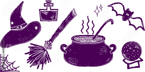 Broom, witch hat, bat, bones, cauldron, poison. Halloween decor. Set of textures, linocut. Vector set.