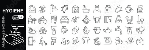 Hygiene icon set. Cleaning, washing hands, shower, seminar, soap, respiratory mask, antiseptic, clean, collection. Vector illustration