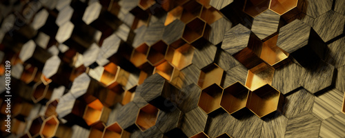 Banner background. Glowing gold, brown, gray and black hexagonal 3d wall texture. Abstract, futuristic, luxurious hexagon background. 3d render