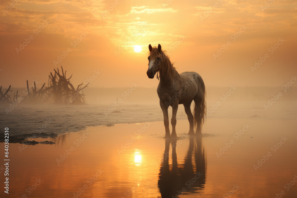 Horse standing in the water on sunset Horse standing in the water on sunset