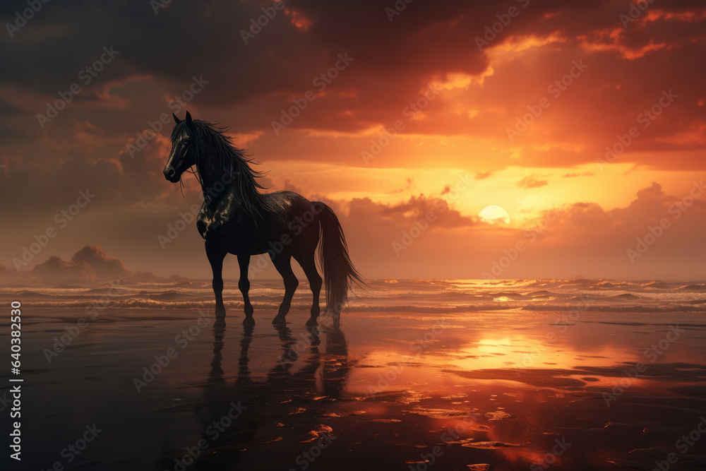 Black horse near a water on sunset
