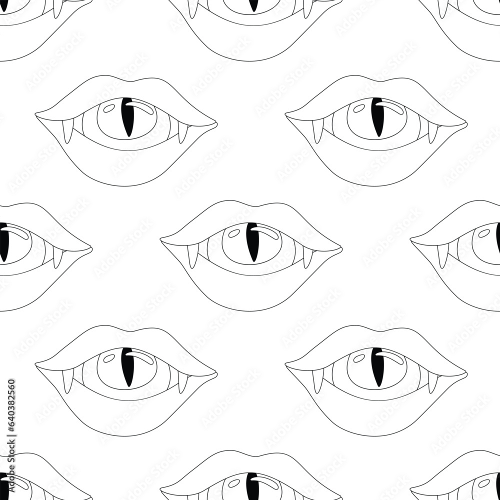 Seamless Pattern with Psyhodelical Print with Vampire Vibes, Eye in the Mouth. Surreal Design, Endless Texture. Pop Art Cartoon Style with Stains. Coloring Book Page. Vector Contour Illustration Seamless Pattern with Psyhodelical Print with Vampire Vibes, Eye in the Mouth. Surreal Design, Endless Texture. Pop Art Cartoon Style with Stains. Coloring Book Page. Vector Contour Illustration