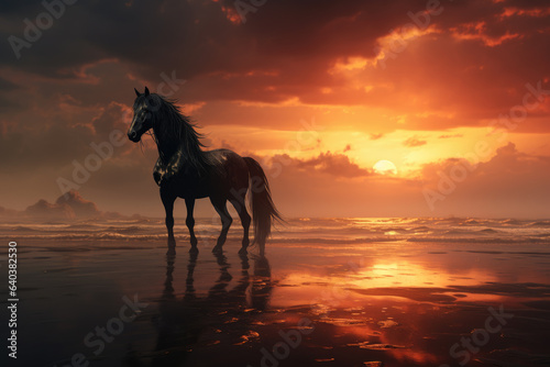 Black horse near a water on sunset