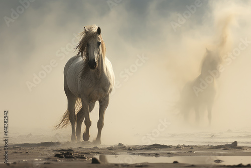 White horse standing on fire background