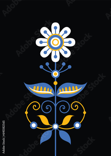 Flower Inspired by Ukrainian Traditional Embroidery. Ethnic Floral Motif, Handmade Craft Art. Traditional Ukrainian Yellow and Blue Embroidery. Single Design Element. Vector Illustration