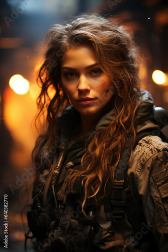 Portrait of a beautiful woman as a soldier on a fire background