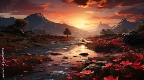 Vibrant Spring Landscape with River and Sunset.